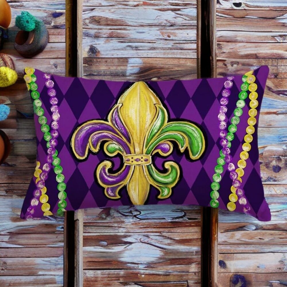 Mardi Gras Pillow Cover Fleur De Lis Decor Decorative Accent Lumbar Case 12x20 - Picture 4 of 7